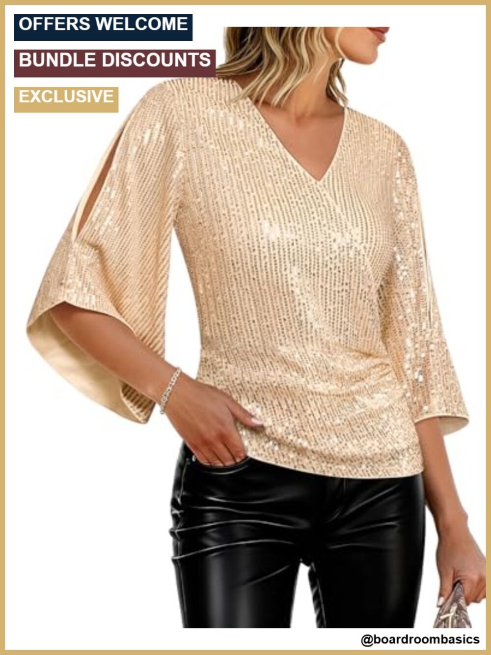 Sequin V-Neck Bell Sleeve Party Blouse Slim Fit Sparkly Top